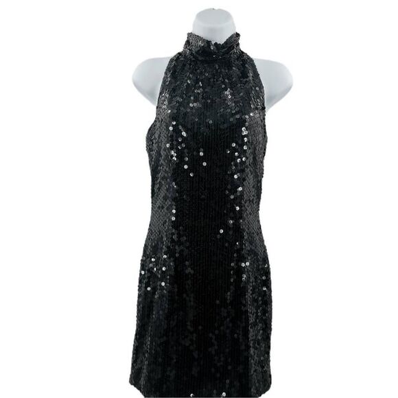 Vintage NiteLine Black Sequin Halter Neck Dress | Tag Size 6 | Open Back Design - Picture 1 of 3